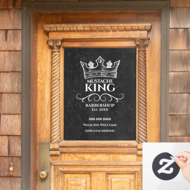 White Crown King Moustache Barbershop Business Window Cling (Home Door)