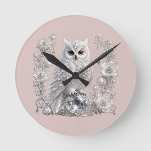 White Crystal Pearl Owl Round Clock