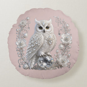 White Crystal Pearl Owl Round Pillow