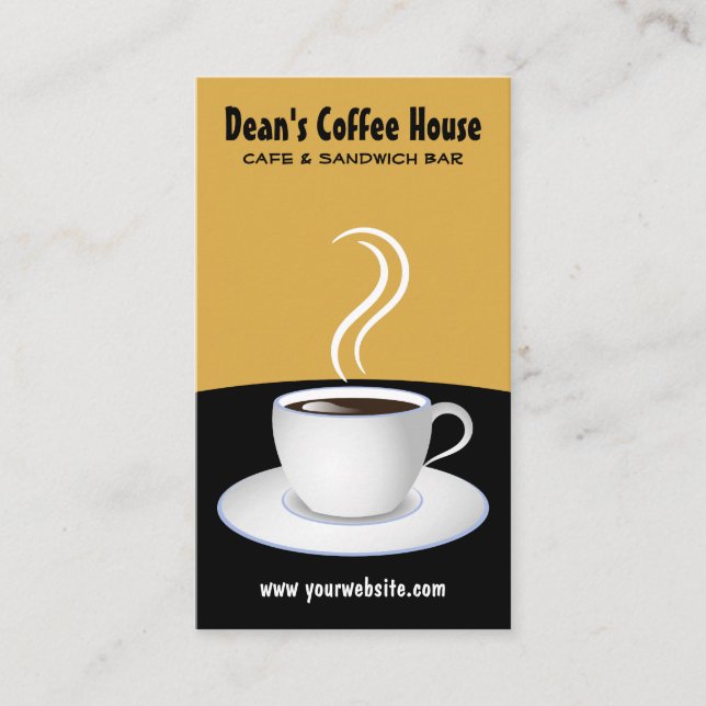 White Cup of Steaming Coffee Black and Beige Cafe Business Card (Front)
