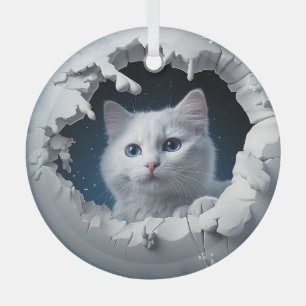 White Curious Kitty  Glass Ornament