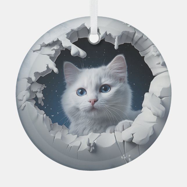 White Curious Kitty  Glass Ornament (Front)