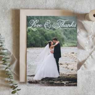 White Curly Script Love and Thanks Photo Wedding Thank You Card