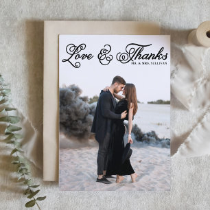 White Curly Script Love and Thanks Photo Wedding Thank You Card
