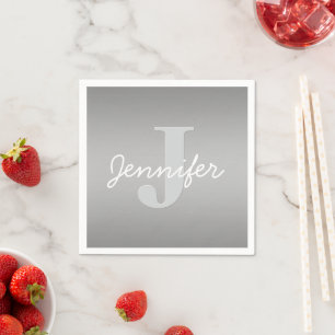 White Cursive & Grey Monogram   Editable Colors Napkin