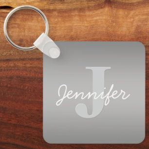White Cursive & Grey Monogram   Editable Colours Keychain