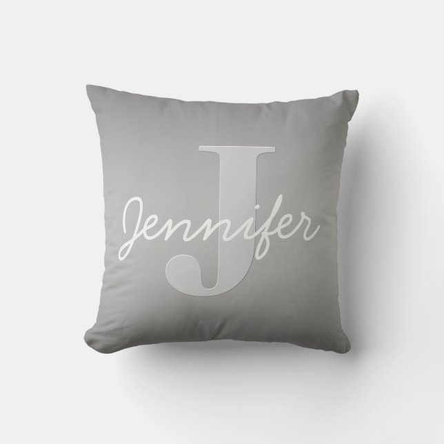 White Cursive & Grey Monogram | Editable Colours Throw Pillow (Front)