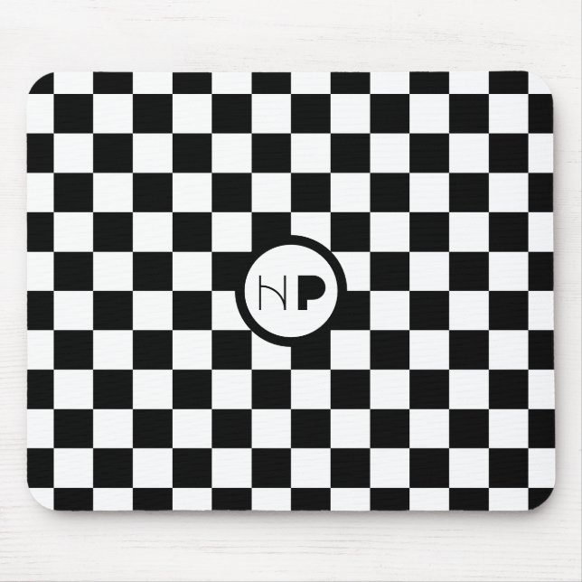 White & custom color checkered pattern w initials mouse pad (Front)