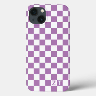 White & custom colour chequered pattern w initials iPhone 13 case