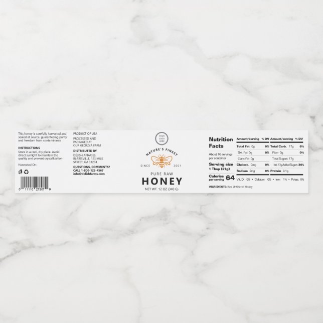 White Customizable Honey Bee Jar Wraparound Label (Single Label)