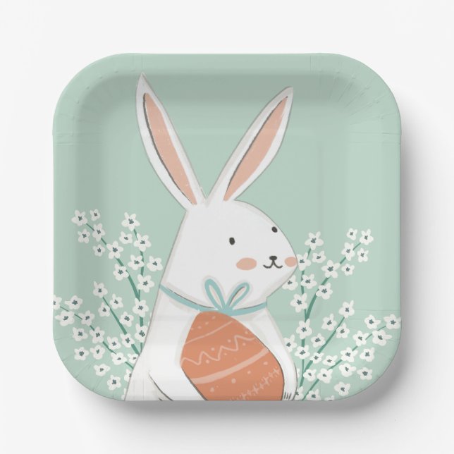 White Cute Bunny Easter Blossom Paper Plate (Front)