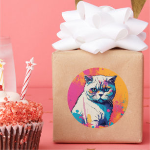 White Cute Cat Colourful Circle Sticker