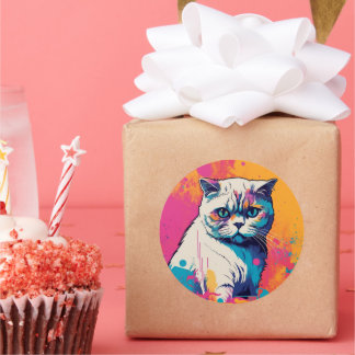 White Cute Cat Colourful Circle Sticker