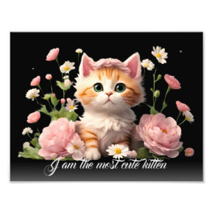 White Cute Kitten Cat in Flower Personalised Black Photo Print