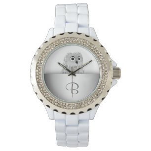 White Cute Owl Animal  Silver Monogram Watch