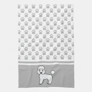 White Cute Toy Poodle Dog And Grey Paws Pattern Kitchen Towel