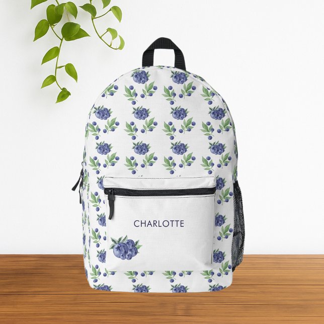 White Cute Watercolor Blueberry Fruit Pattern  Printed Backpack (Cute Minimal Modern White Watercolor Blueberry Backpack)