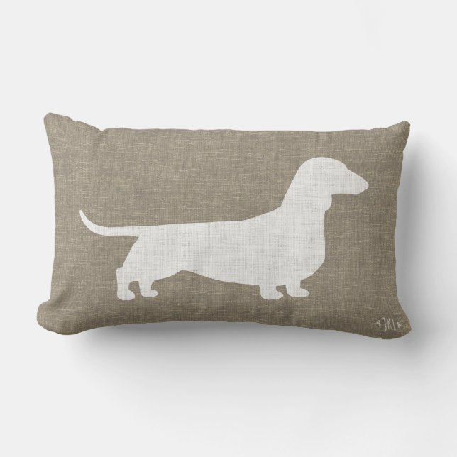 White Dachshund Silhouette Faux Linen Burlap Style Lumbar Pillow (Front)