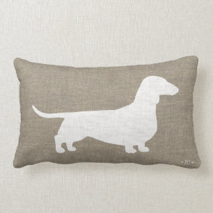 White Dachshund Silhouette Faux Linen Burlap Style Lumbar Pillow