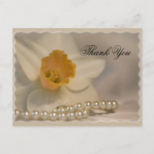White Daffodil and Pearls Thank You Postcard