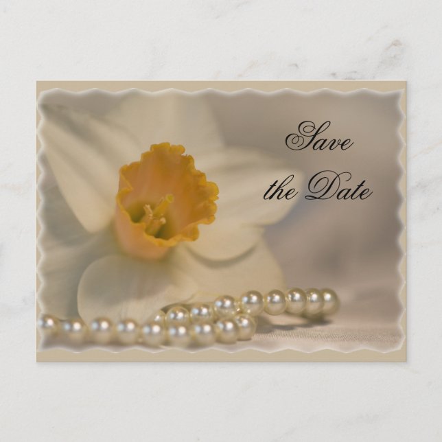 White Daffodil and Pearls Wedding Save the Date Announcement Postcard (Front)