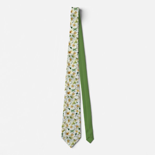 White Daffodil Floral Pattern Tie (Front)