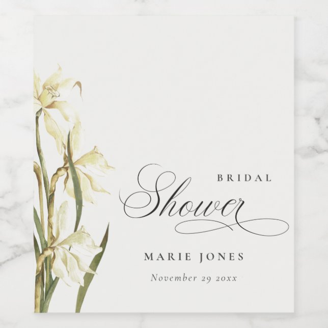 White Daffodil Floral Watercolor Bridal Shower Wine Label (Single Label)