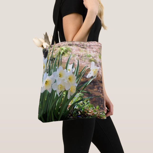 White Daffodil Flowers By A Brook  Tote Bag (Close Up)