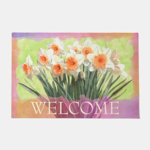 White Daffodil with Coral Floral Welcome Doormat
