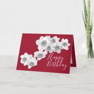White Daffodils Red Colour Background Birthday Card