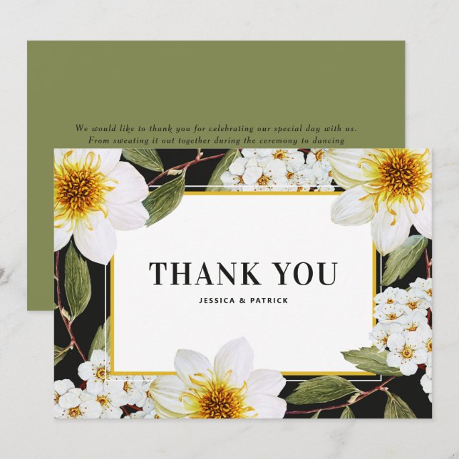 White Dahlia and Spirea Botanical Wedding Thank You Card (Front/Back)