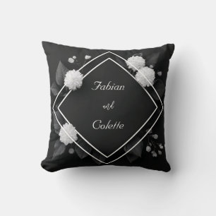 White Dahlia Black Leaf Diamond Frame Throw Pillow