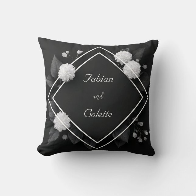 White Dahlia Black Leaf Diamond Frame Throw Pillow (Front)
