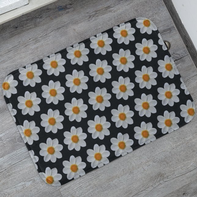 White Dahlia Floral Pattern on Black Bath Mat (In Situ)