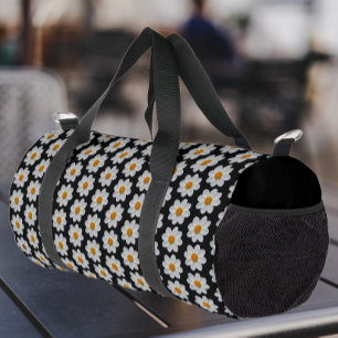 White Dahlia Floral Pattern on Black Duffle Bag