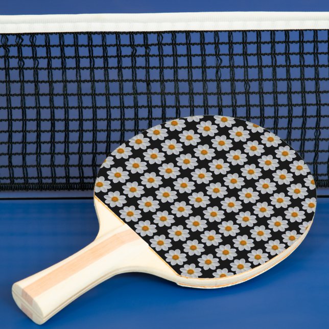 White Dahlia Floral Pattern on Black Ping Pong Paddle (Insitu)