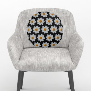 White Dahlia Floral Pattern on Black Round Pillow