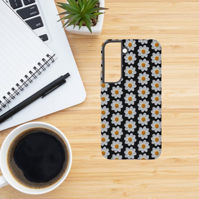 White Dahlia Floral Pattern on Black Samsung Galaxy S22 Case (In Situ)