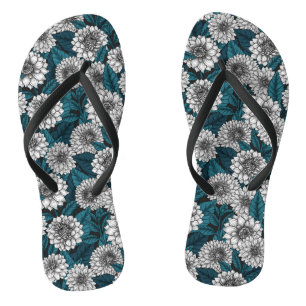 White Dahlia garden/ blue leaves 2 Flip Flops
