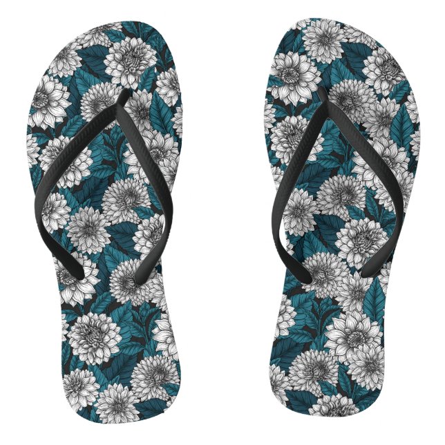 White Dahlia garden/ blue leaves 2 Flip Flops (Footbed)