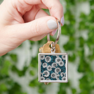 White Dahlia garden/ blue leaves 2 Keychain