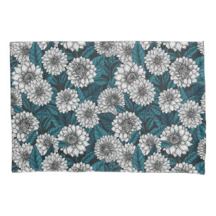 White Dahlia garden/ blue leaves 2 Pillowcase