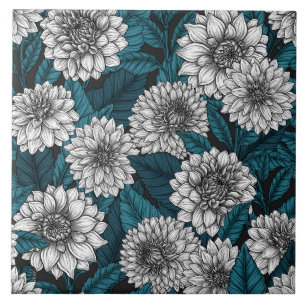 White Dahlia garden/ blue leaves Tile