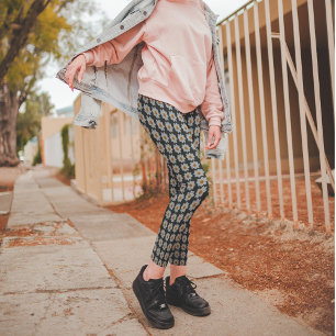 White Dahlia on Black Floral Pattern Leggings