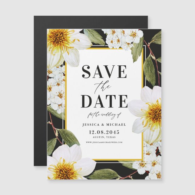 White Dahlias and Spireas Botanical Save The Date Magnetic Invitation (Front/Back)