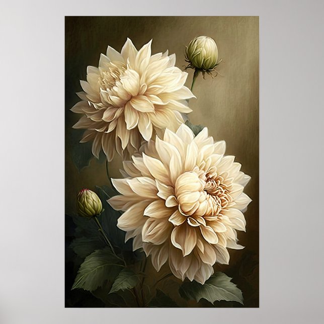 White Dahlias Flower Art Print Poster (Front)