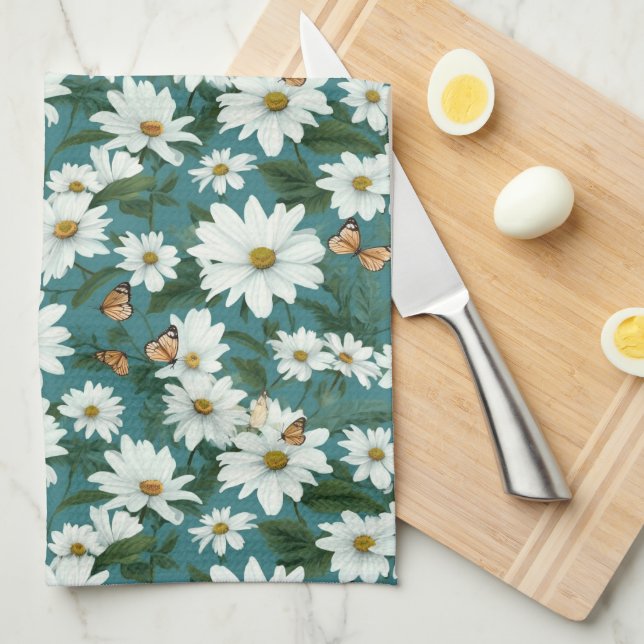 White Daisies and Butterflies Kitchen Towel (Quarter Fold)
