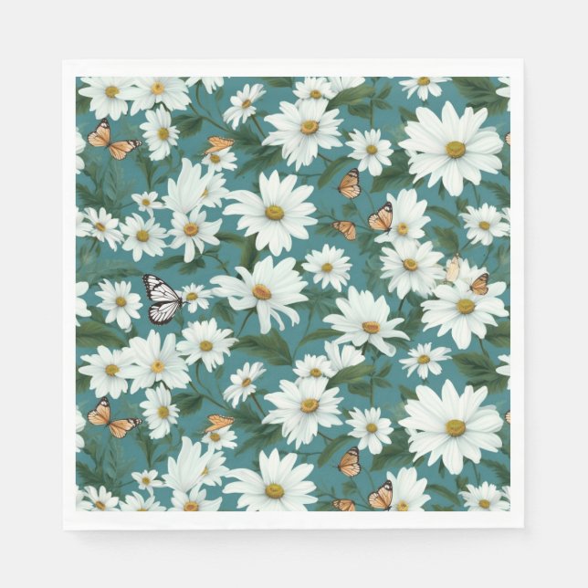 White Daisies and Butterflies Napkin (Front)
