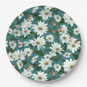 White Daisies and Butterflies Paper Plate