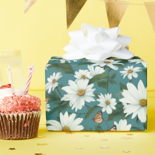 White Daisies and Butterflies Wrapping Paper (Birthday Party)